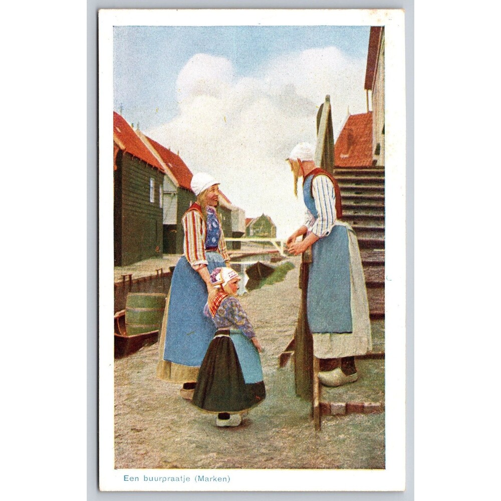 Vtg Dutch Postcard Een Buurpraatje Marken Netherlands Traditional Costume Art